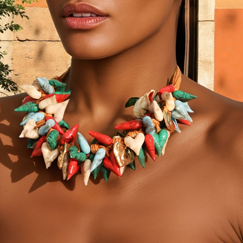 Colar Corações Coloridos Resina & Corda Laranja | By Mireva