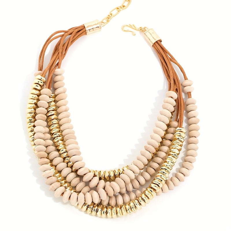 Colar Vintage Boho Multicamadas Contas Madeira Nude | By Mireva