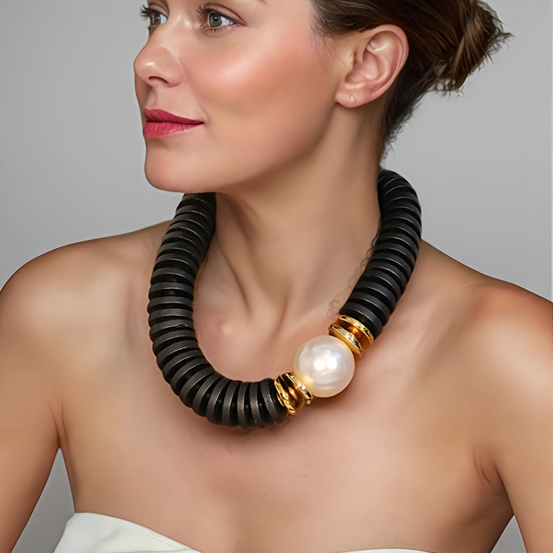 Colar Statement Madeira Marrom Café & Pérola Maxi | By Mireva