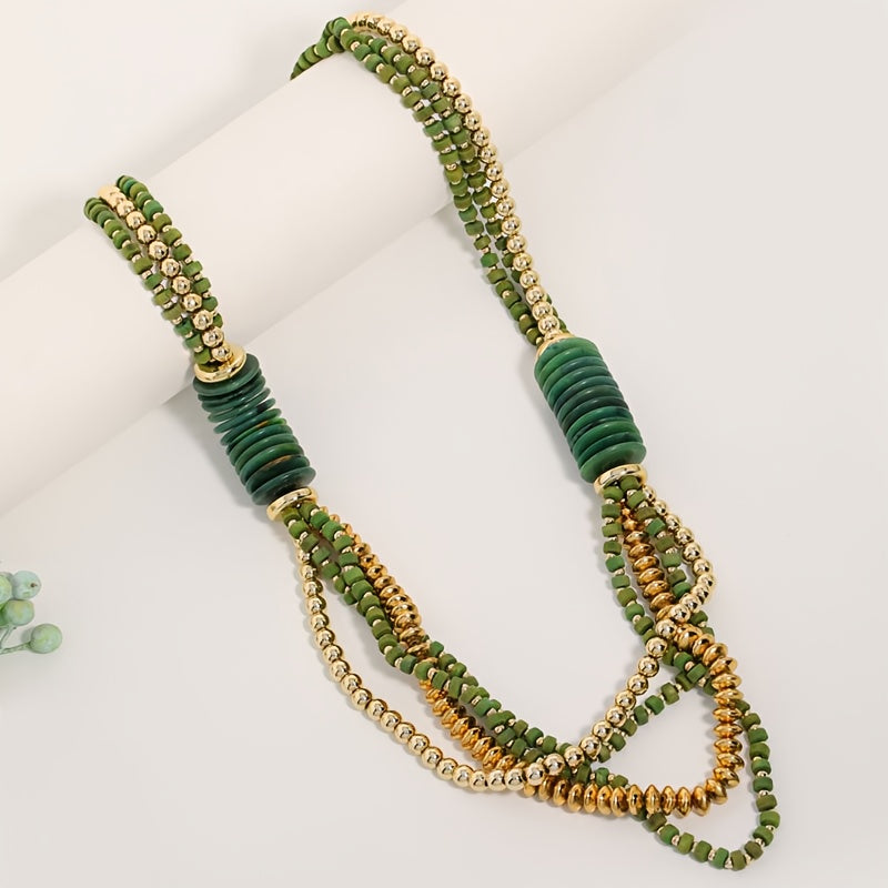 Colar Boho Multicamadas Contas Verdes Tubos Madeira | By Mireva