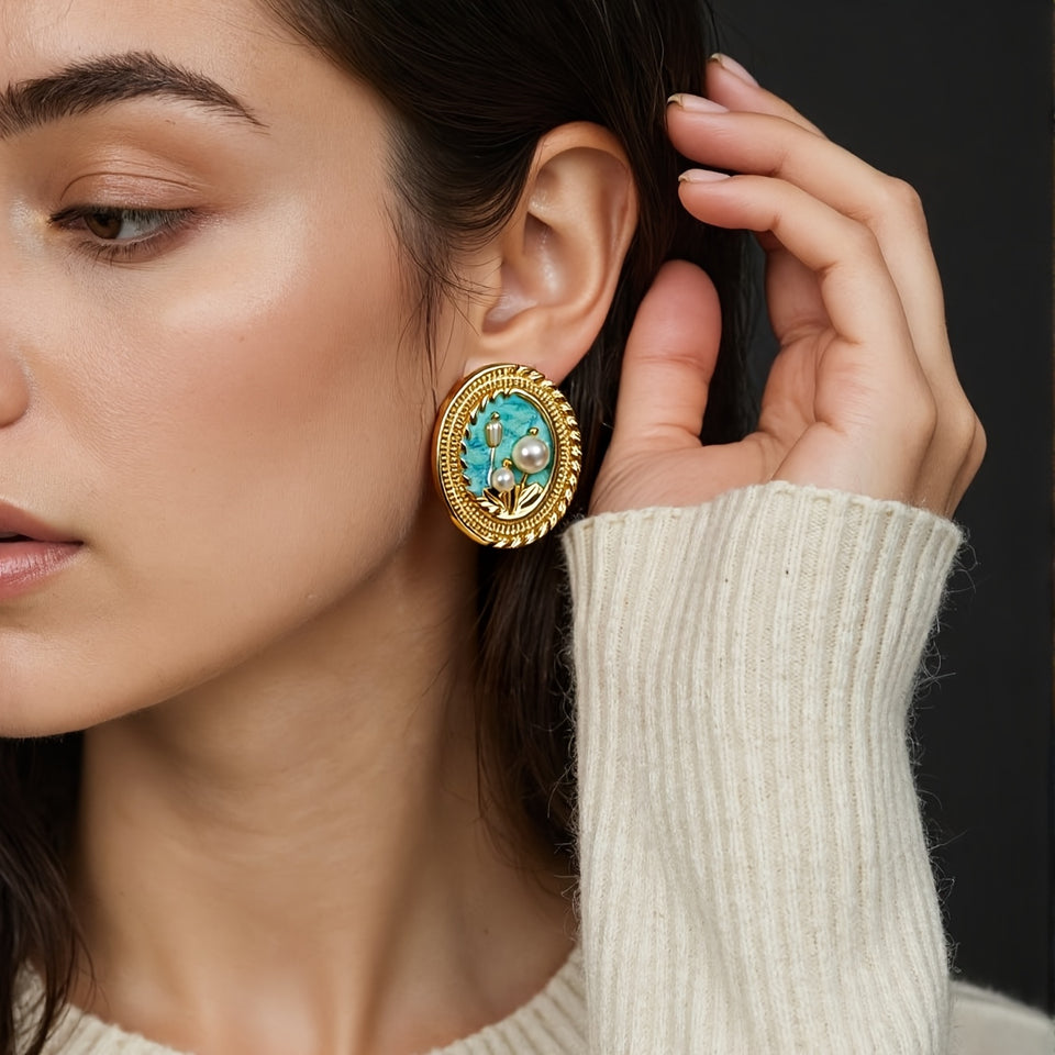 Par de Brincos Vintage Francês Oval Pérolas Esmalte Verde | By Mireva