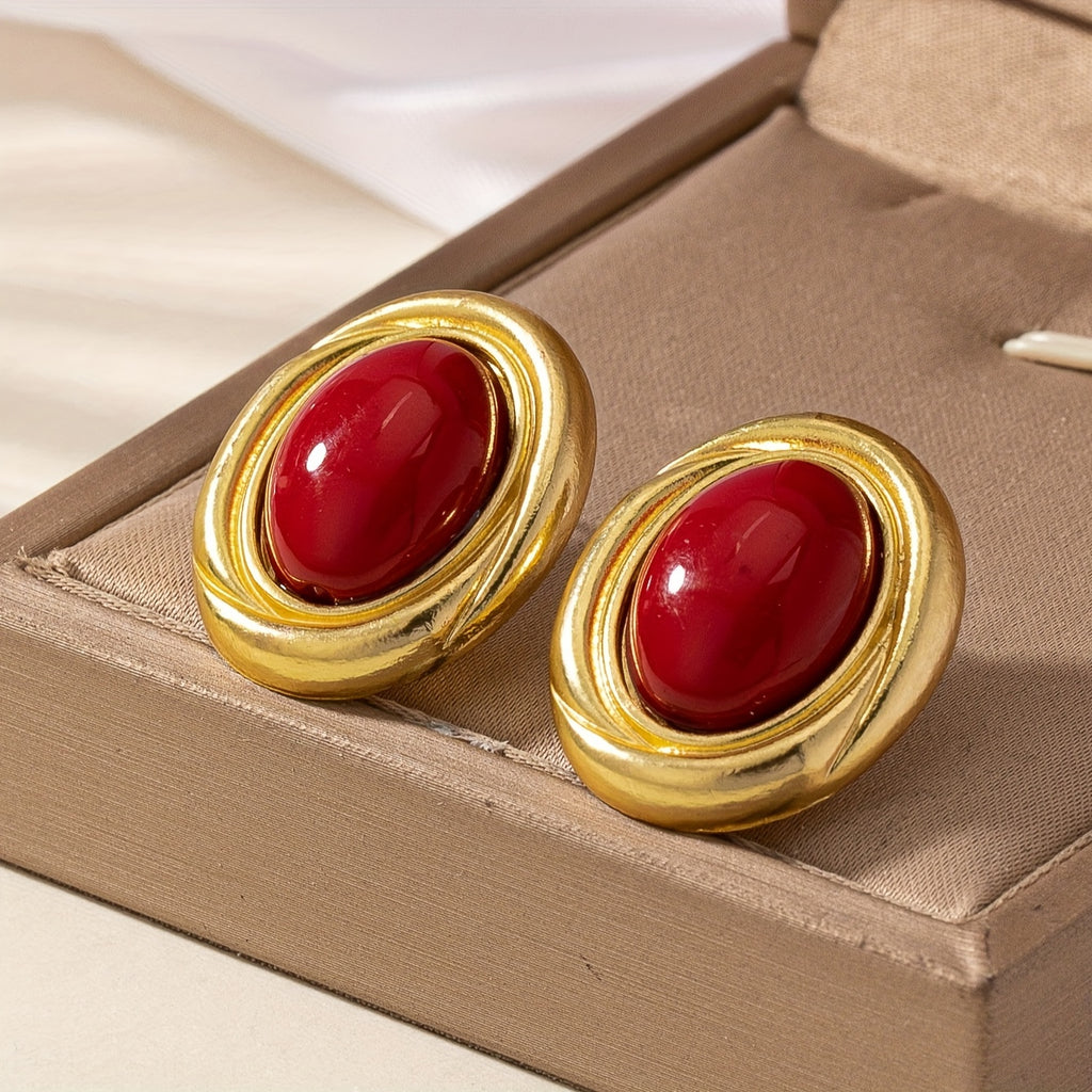 Par de Brincos Nicho Franceses Vintage Vermelho Oval Elegantes | By Mireva