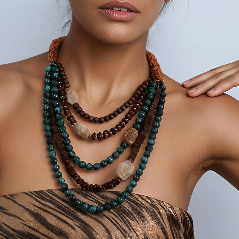 Colar Boho Multi-Fios Contas Verde Terra Cordão Laranja | By Mireva