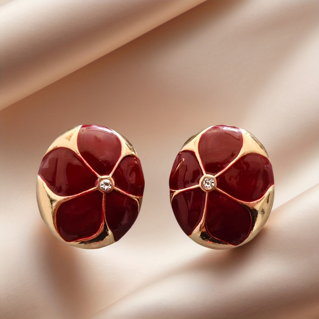 Par de Brincos Vintage Flor Vermelha Esmaltada Strass | By Mireva
