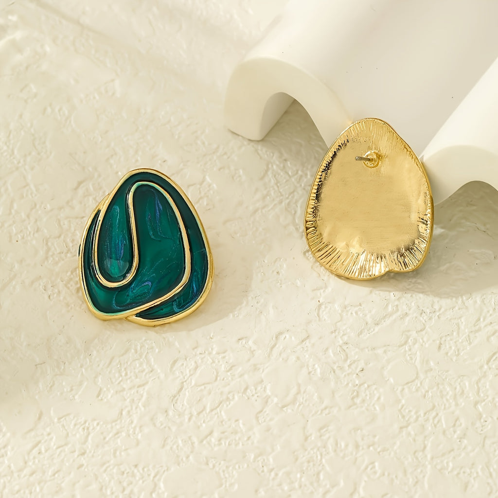 Par de Brincos Vintage Elegante Ondas Esmalte Verde Dourado | By Mireva