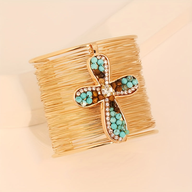 Pulseira Cuff Cruz Turquesa Dourada | By Mireva