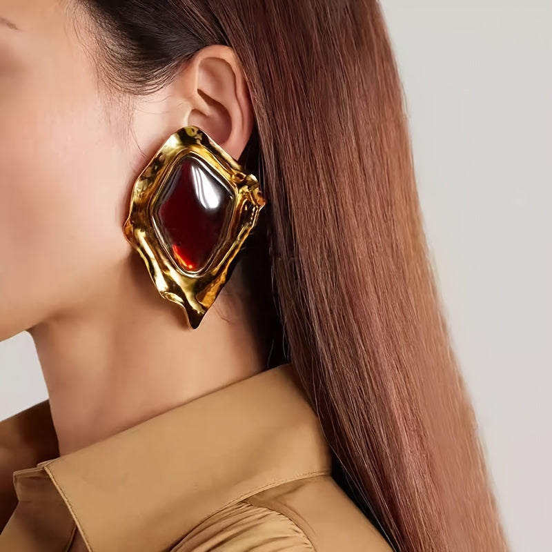 Par de Brincos Franceses Vintage Diamante Vermelho Chunky Dourado | By Mireva