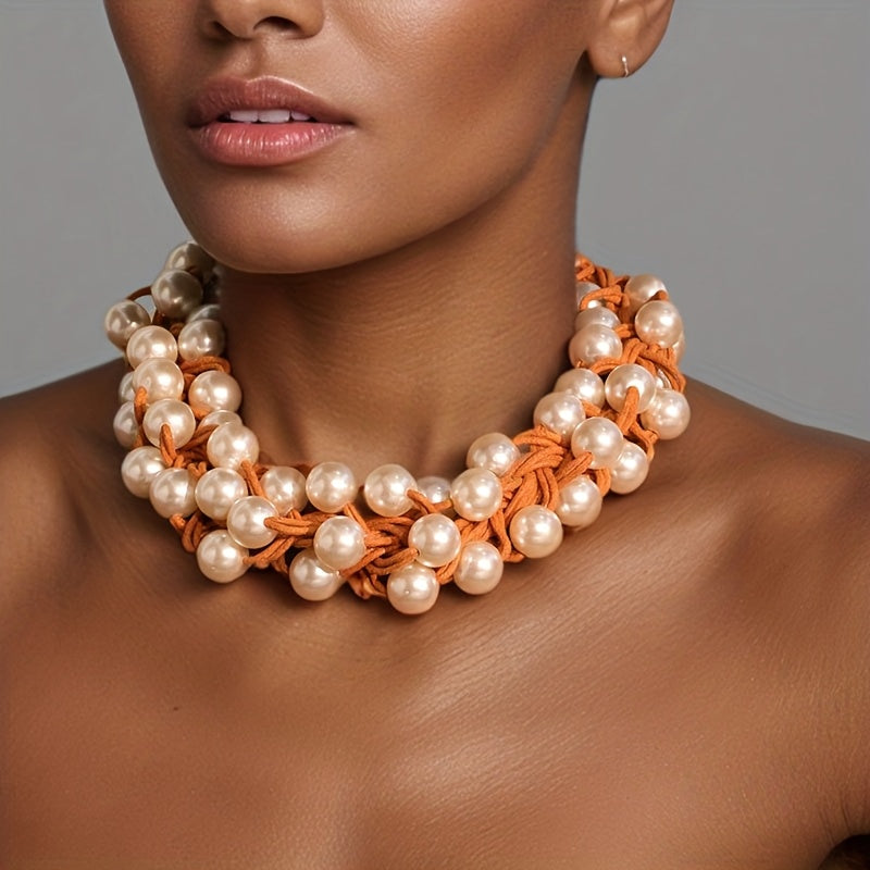 Colar Luxo Pérolas Trançadas Corda Laranja | By Mireva