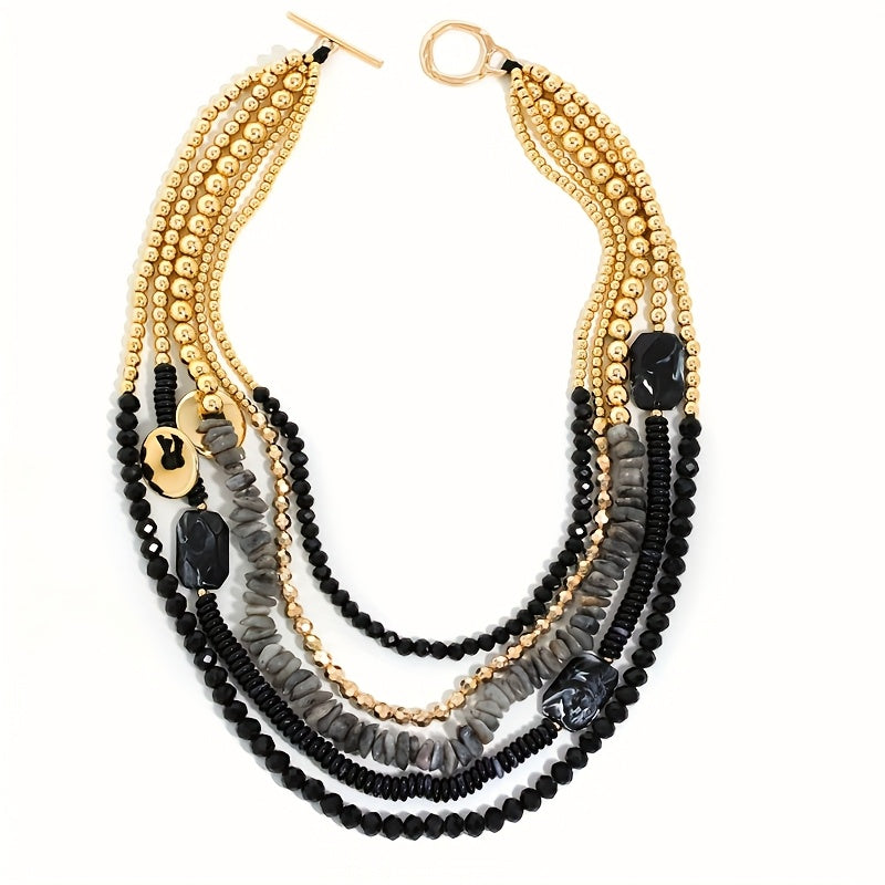 Colar Boho Multicamadas Contas Pretas Cristal Jade | By Mireva