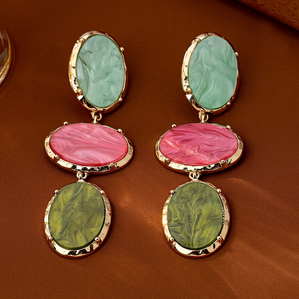 Brincos Trendy Multicamadas Resina Verde Rosa Dourada | By Mireva