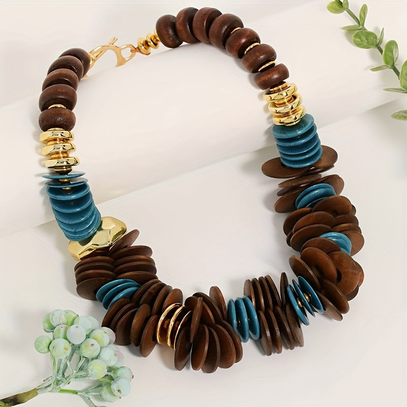 Colar Boho de Contas de Madeira Grossas