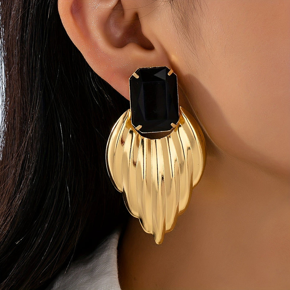 Brinco Dangle Preto Quadrado Ondulado Dourado | By Mireva