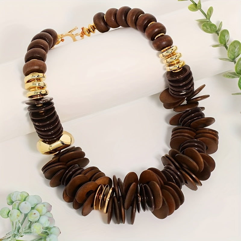 Colar Boho de Contas de Madeira Grossas