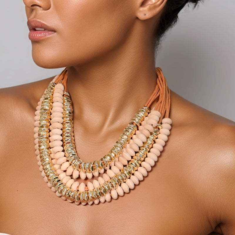 Colar Vintage Boho Multicamadas Contas Madeira Nude | By Mireva