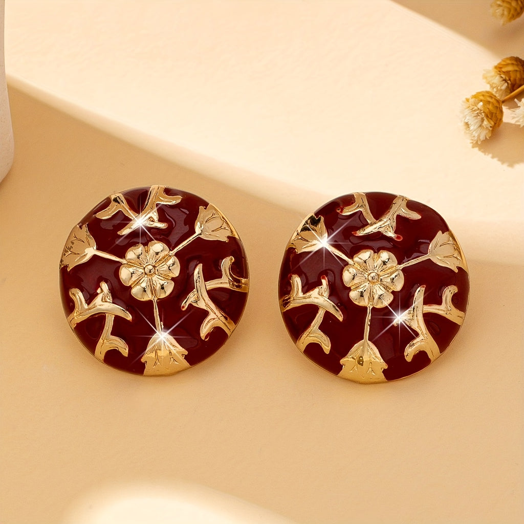 Brinco Stud Bordado Floral Borgonha Dourado | By Mireva