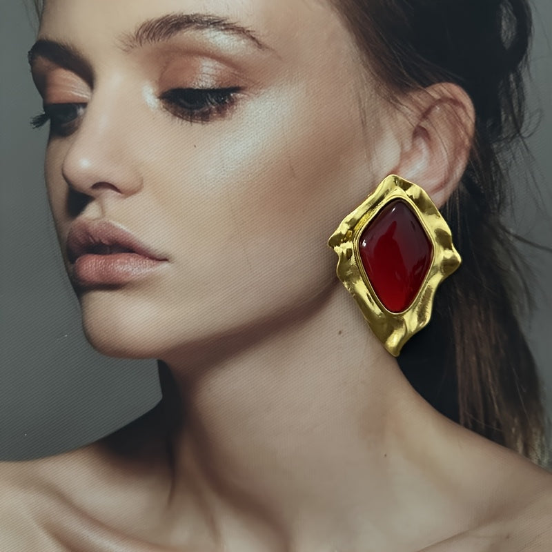 Par de Brincos Franceses Vintage Diamante Vermelho Chunky Dourado | By Mireva