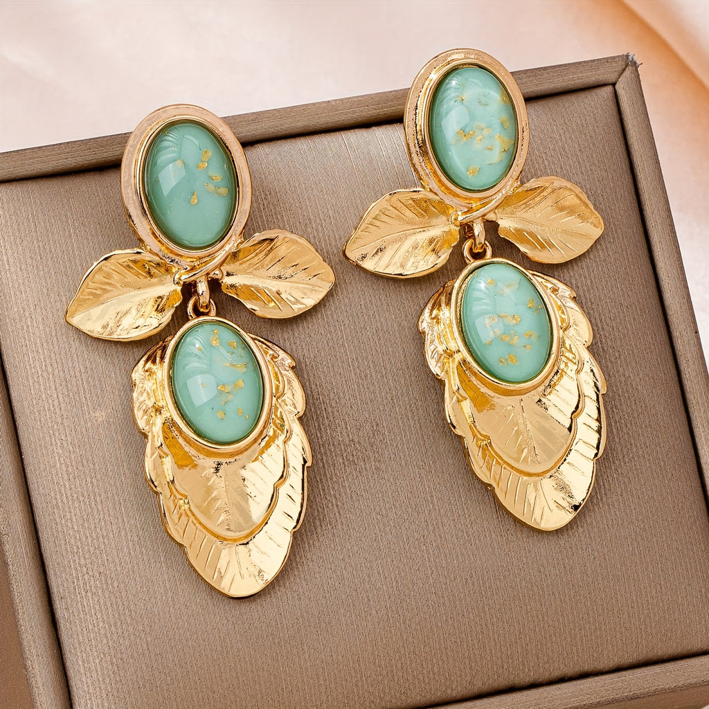 Par de Brincos Vintage Folhas Turquesa Dourada | By Mireva