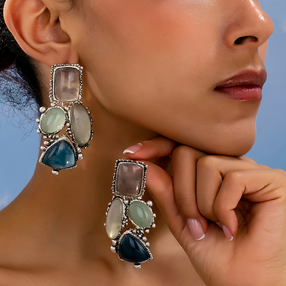 Par de Brincos Boho Multicolor Irregular Geométrico Dourado | By Mireva