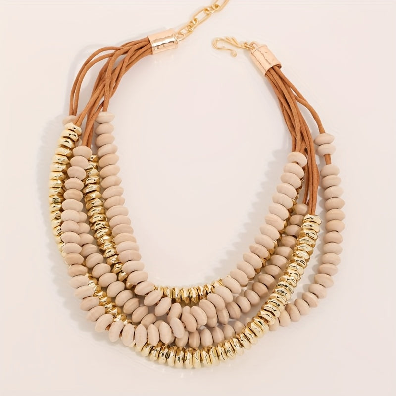 Colar Vintage Boho Multicamadas Contas Madeira Nude | By Mireva