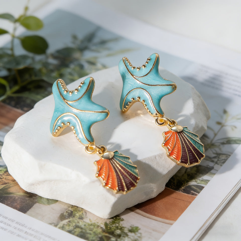 Brinco Praiano Estrela-do-Mar Turquesa & Concha Arco-Íris | By Mireva