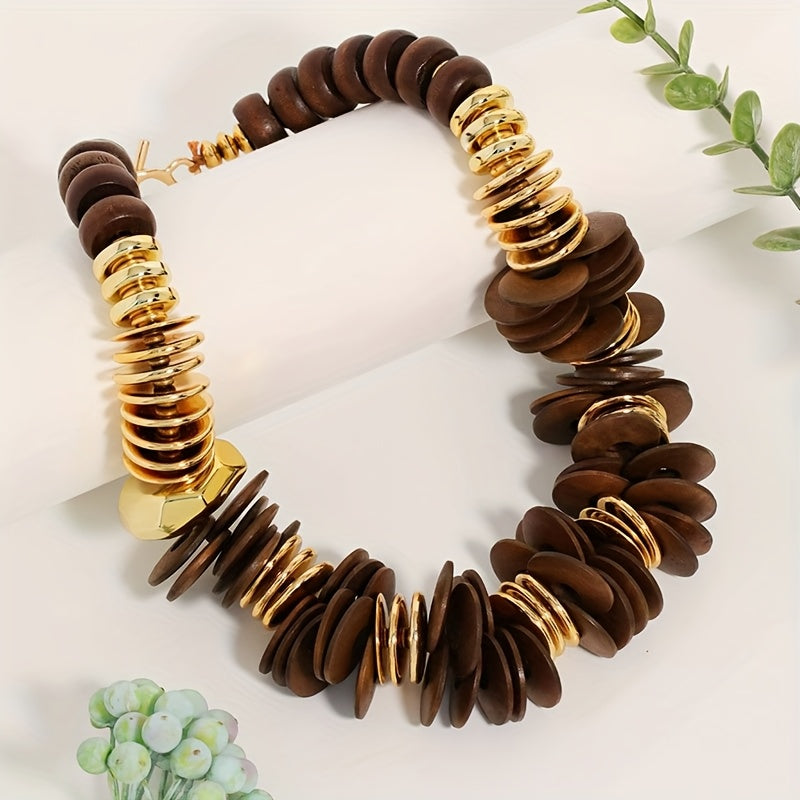 Colar Boho de Contas de Madeira Grossas