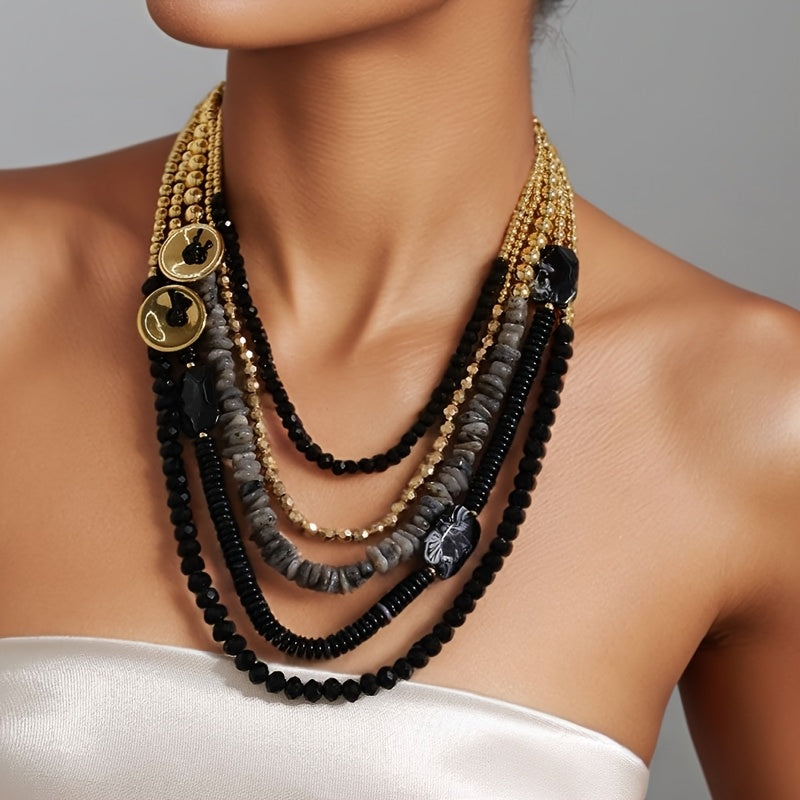 Colar Boho Multicamadas Contas Pretas Cristal Jade | By Mireva