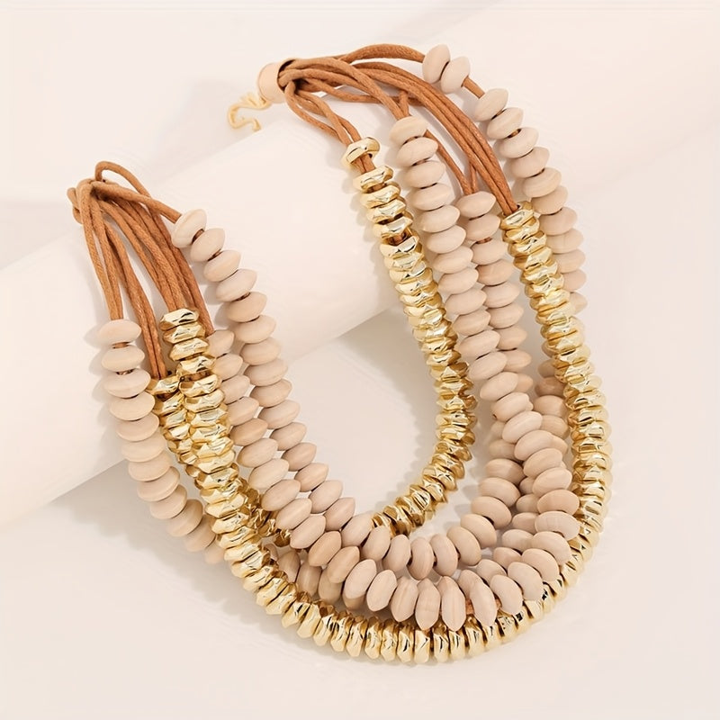 Colar Vintage Boho Multicamadas Contas Madeira Nude | By Mireva