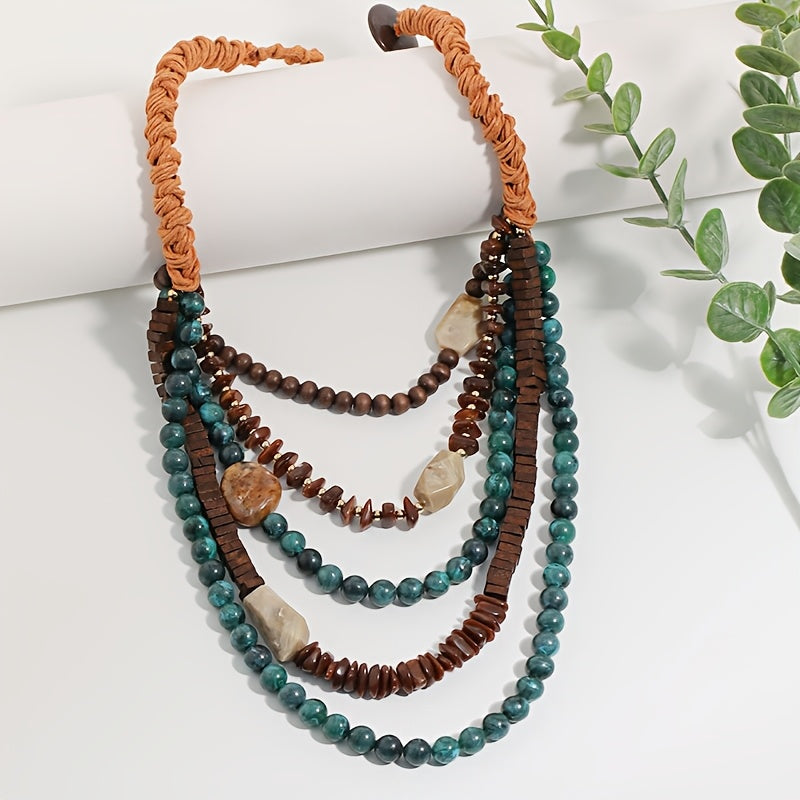 Colar Boho Multi-Fios Contas Verde Terra Cordão Laranja | By Mireva