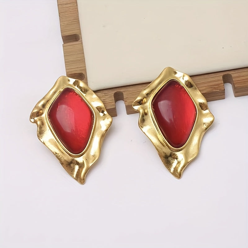 Par de Brincos Franceses Vintage Diamante Vermelho Chunky Dourado | By Mireva