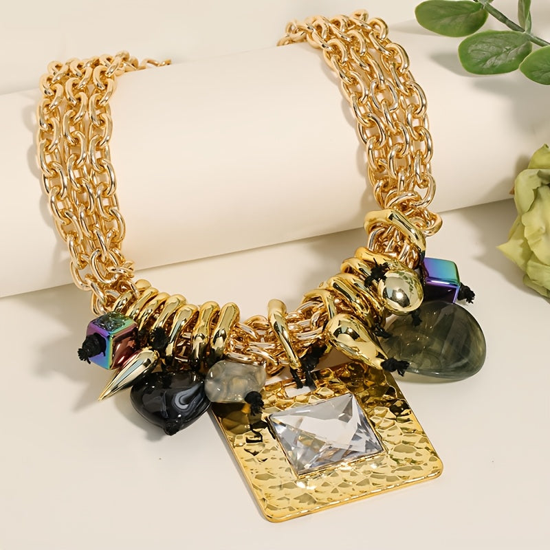 Colar Maxi Geométrico Dourado & Cristal | By Mireva