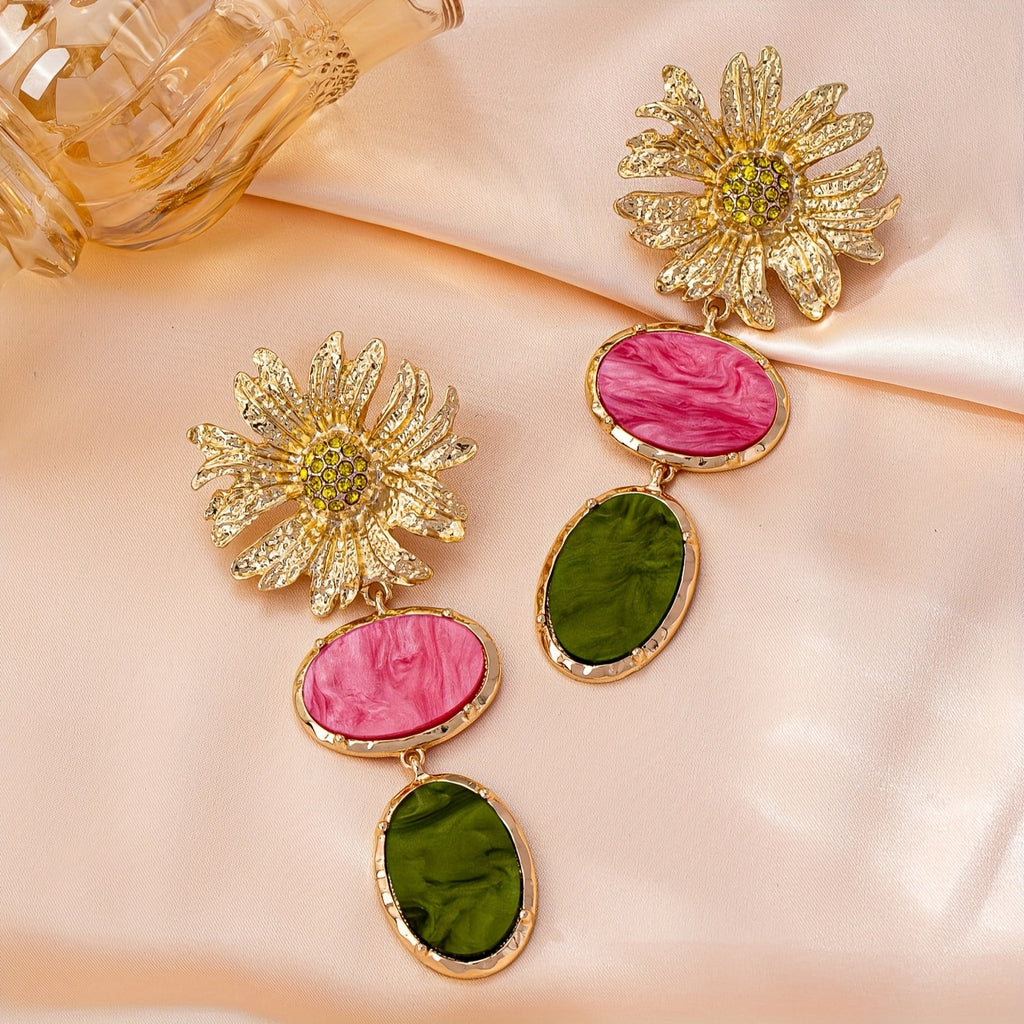 Par de Brincos Verão Luxo Flor Rosa & Verde Dourado | By Mireva