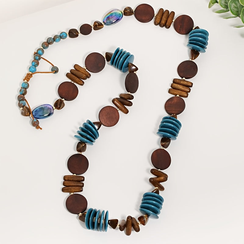 Colar Boho Longo Madeira & Resina Azul Marrom | By Mireva