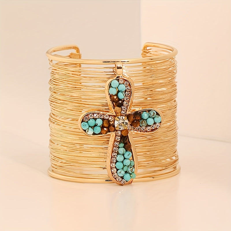 Pulseira Cuff Cruz Turquesa Dourada | By Mireva