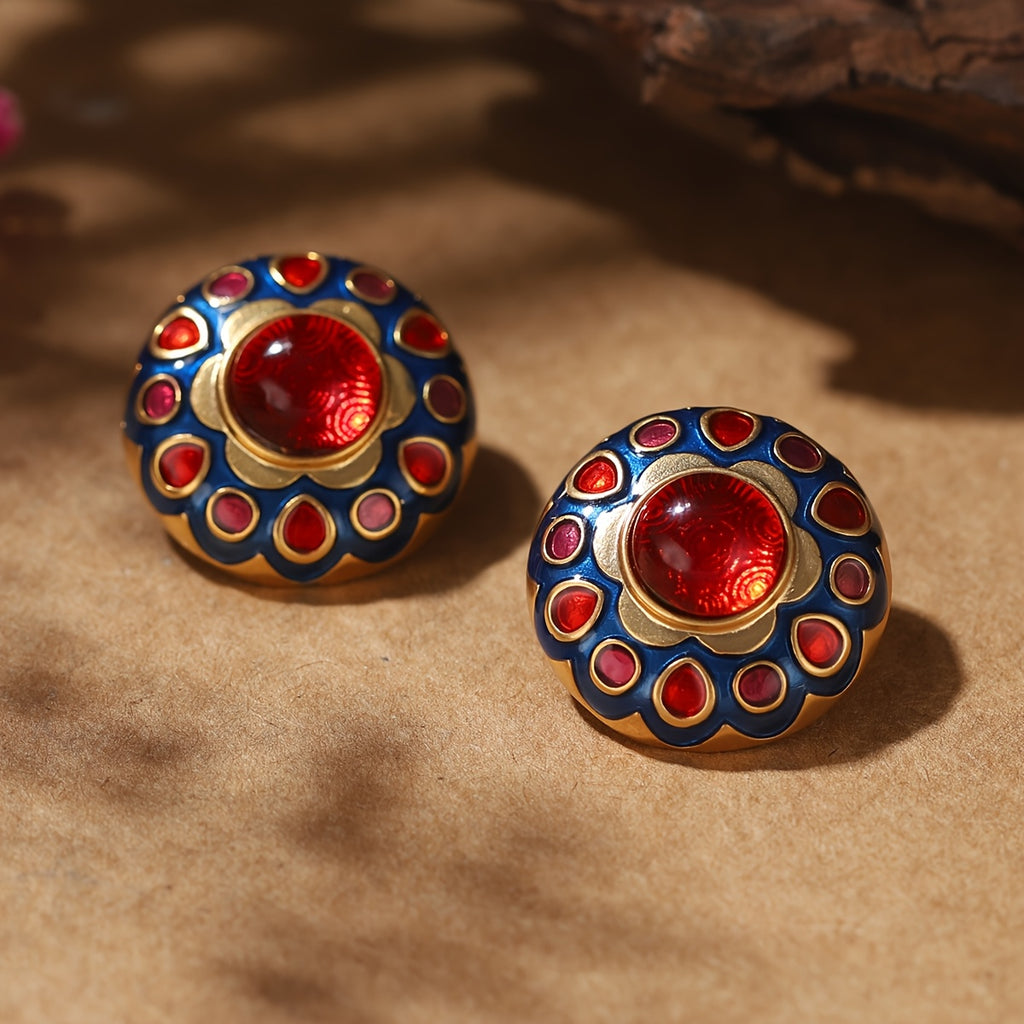 Brincos Vintage Floral Redondo Azul & Vermelho com Banho Ouro | By Mireva