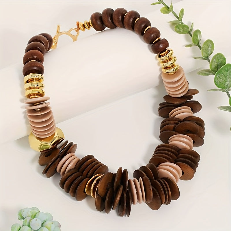 Colar Boho de Contas de Madeira Grossas