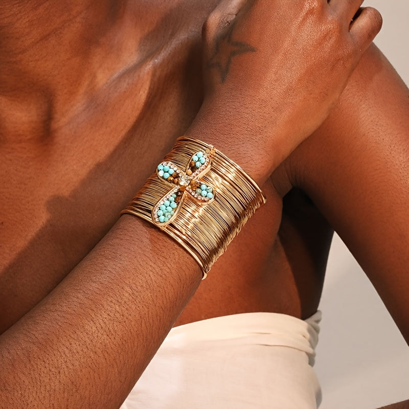 Pulseira Cuff Cruz Turquesa Dourada | By Mireva