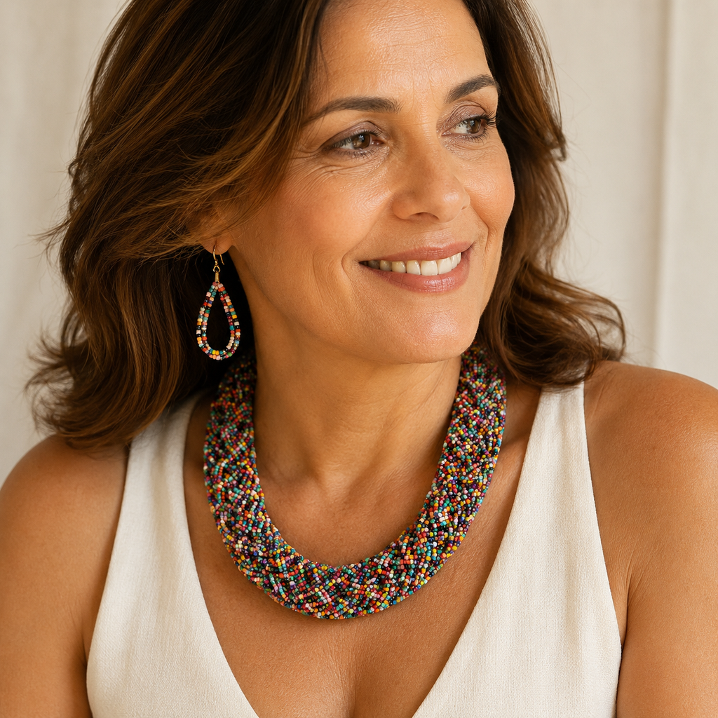 Conjunto Feminino Boho Colar e Brincos Miçangas Coloridas