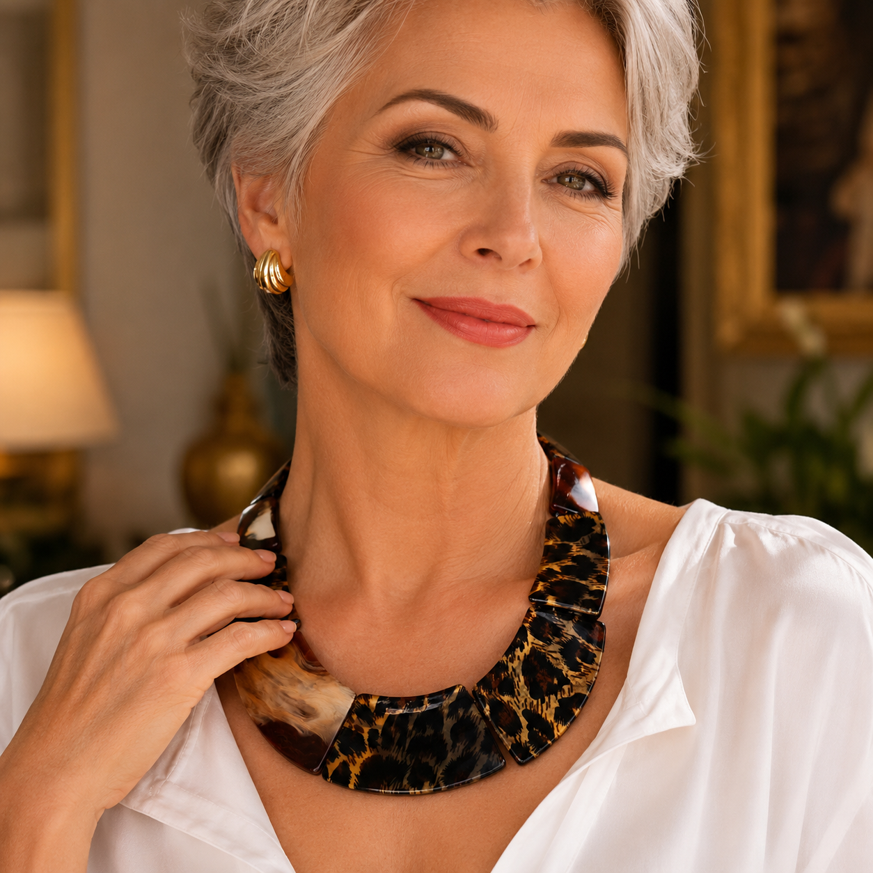 Colar Feminino Boho Babete Estampa de Leopardo em Resina