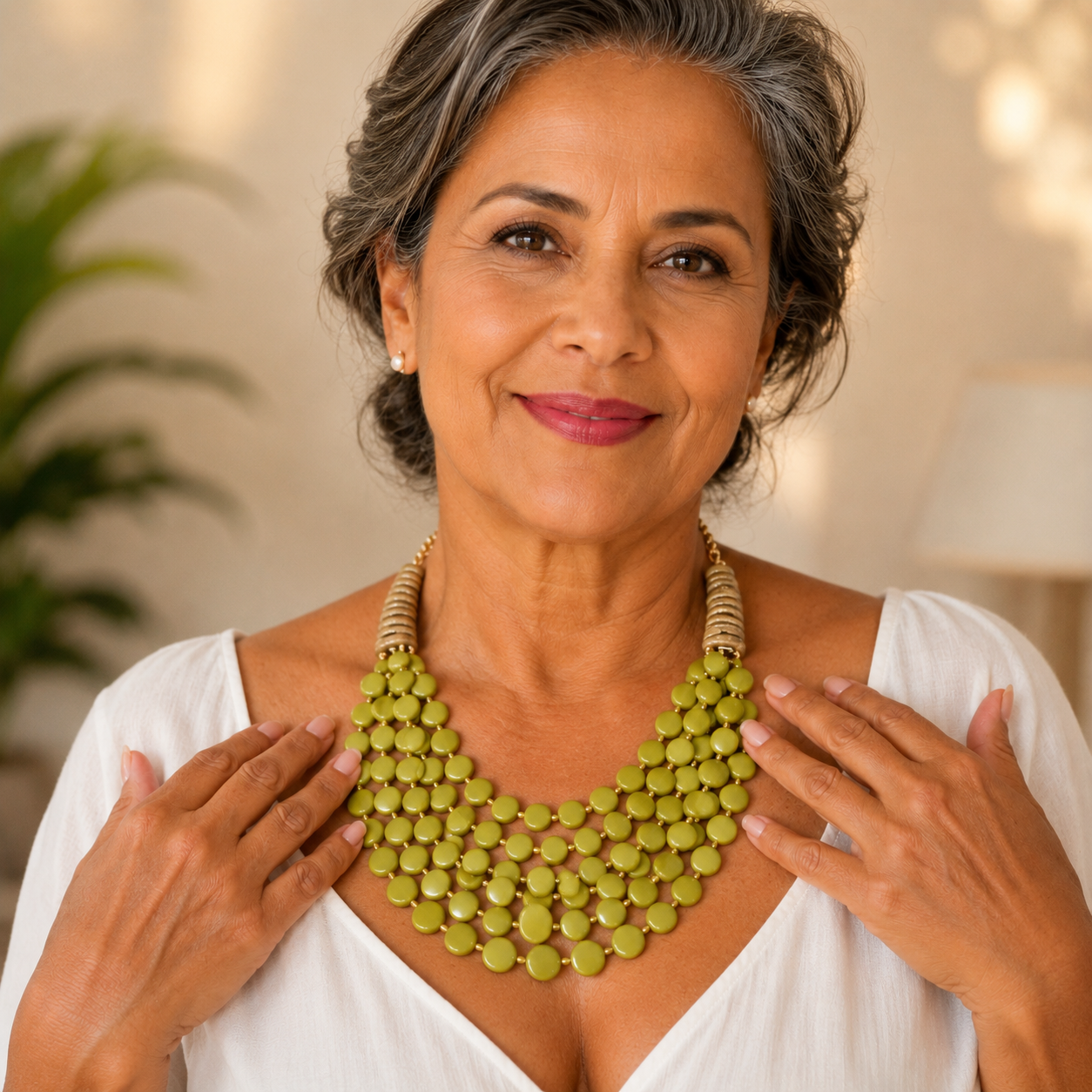 Colar Feminino Boho Babete Multicamadas Contas Verde Oliva e Coco