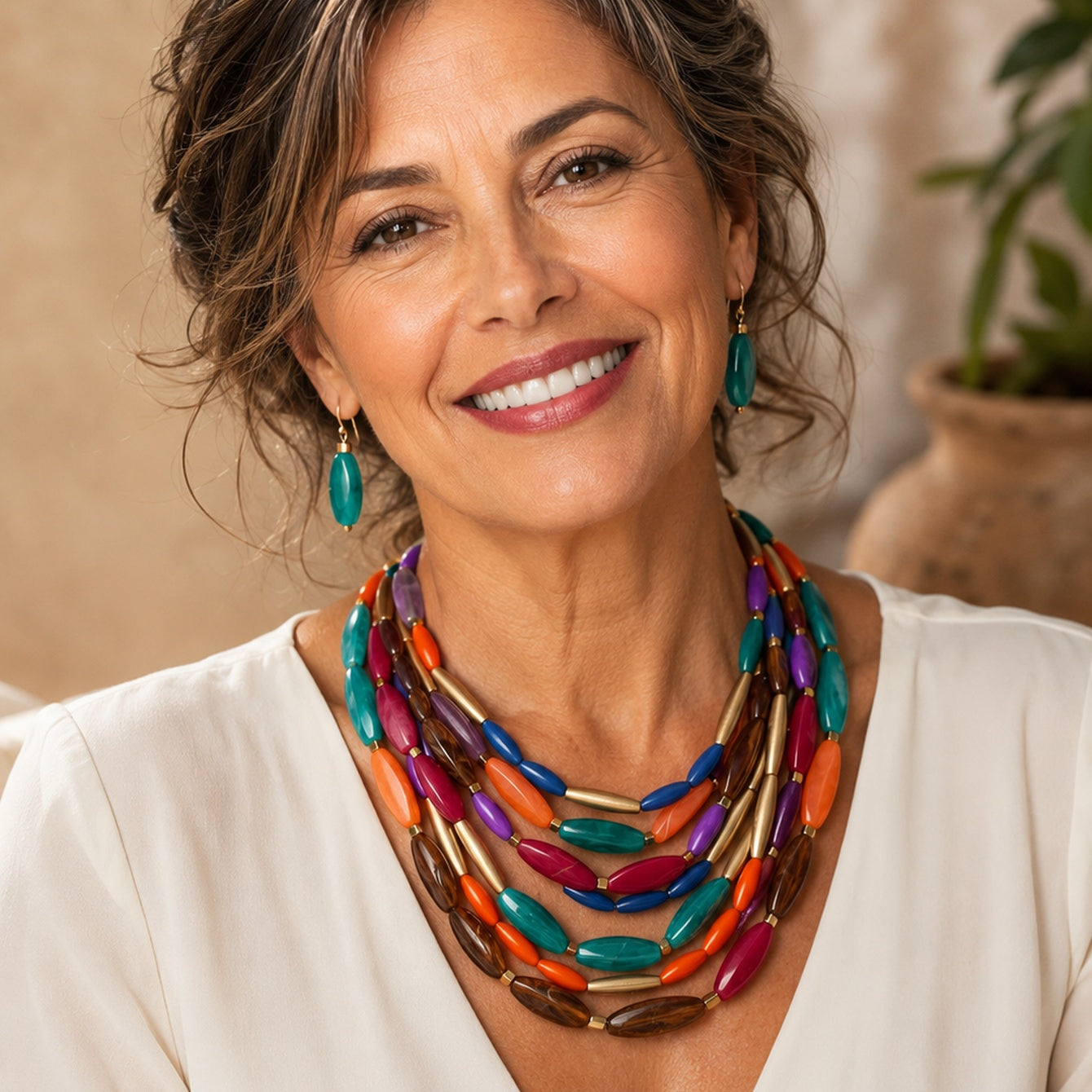 Conjunto Feminino Boho Multicamadas com Contas Coloridas e Brincos