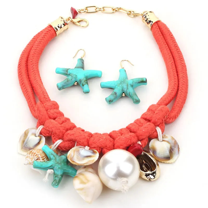 Conjunto Mar Coral By Mireva – Colar Boho com Conchas e Estrela-do-Mar + Brincos