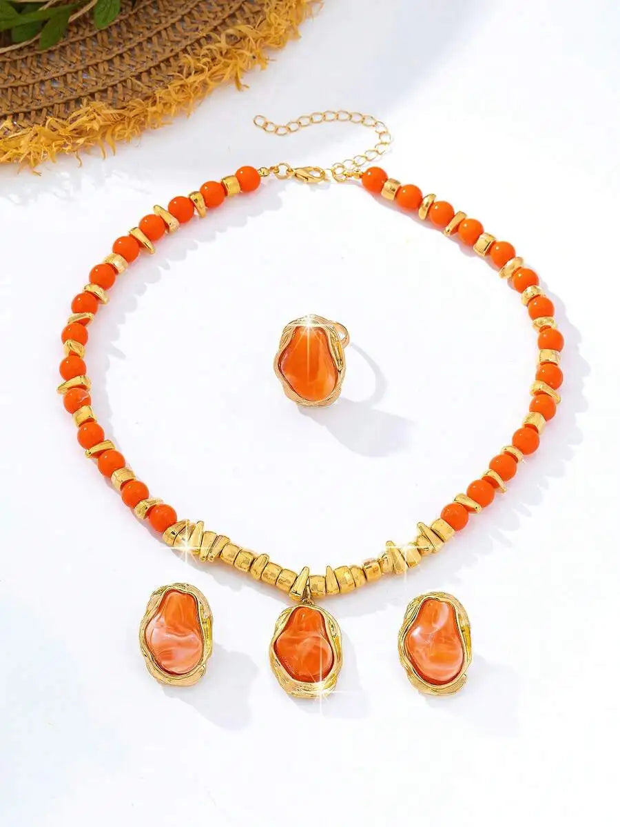 Conjunto de Joias Vintage Âmbar Dourado