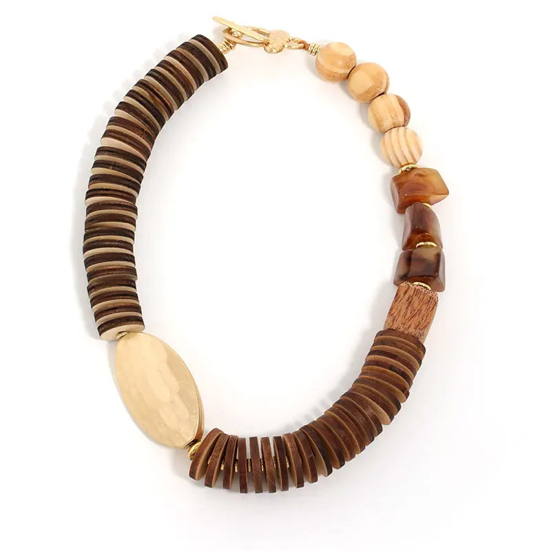Colar Boho Statement Contas Madeira Marrom Dourado | By Mireva