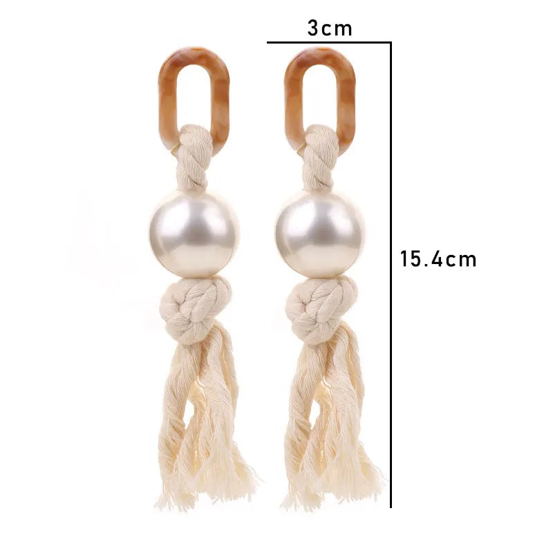 Brincos Longos com Pérolas e Corda Feitos à Mão