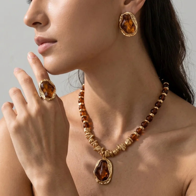 Conjunto de Joias Vintage Âmbar Dourado