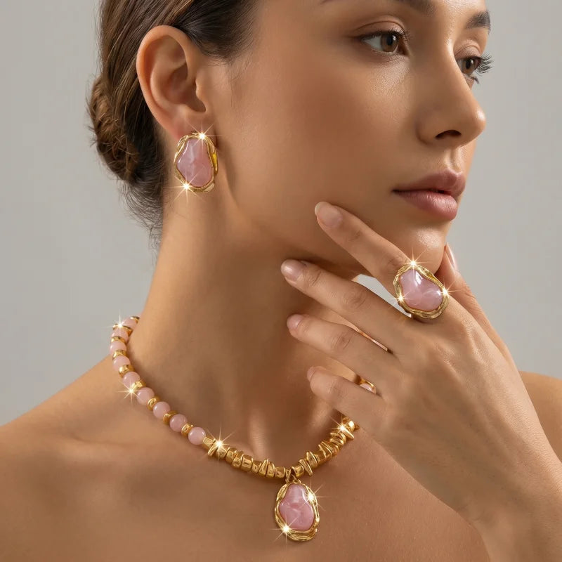 Conjunto de Joias Vintage Âmbar Dourado