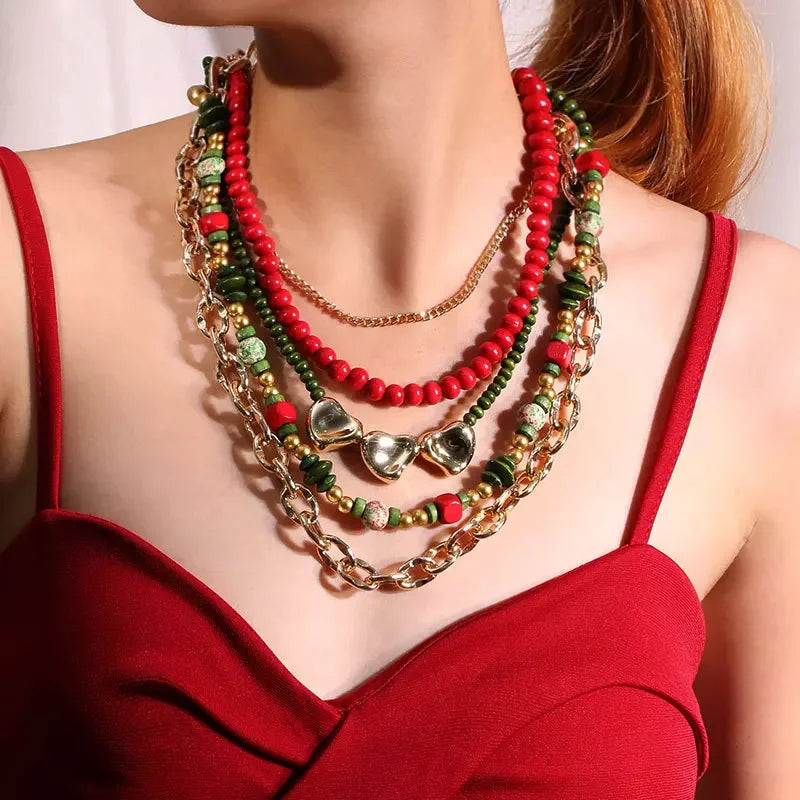 Colar Boho Natal Multicamadas Vermelho & Verde | By Mireva