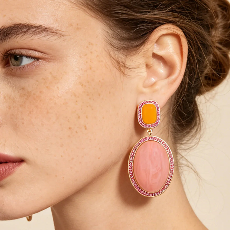 Brinco Maxi Geométrico Rosa e Laranja com Cristais