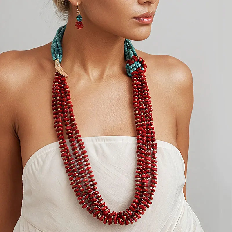 Colar Boho Turquesa e Vermelho em Camadas