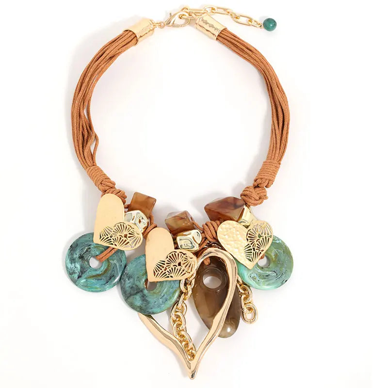 Colar Statement Corações Jade Turquesa Couro Trançado | By Mireva